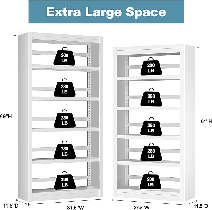5 Tier White Bookshelf, 61" H Adjustable Bookshelf with Large Capacity, Suitable for Modern Storage Shelves in Living Rooms, Homes Offices, Garage, Sturdy Metal Bookshelf for Organizing