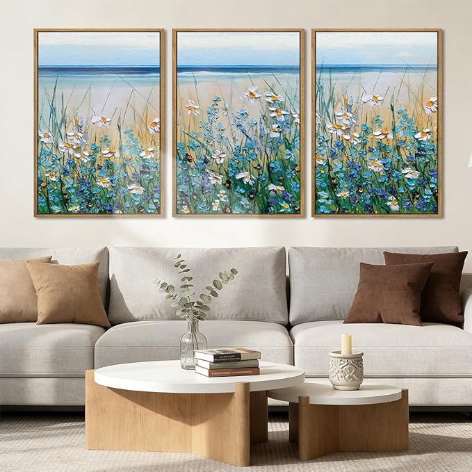 BINCUE Extra Large Blue Flowers Wall Art Framed,Watercolor Wildflowers Artwork,Blue Florals Canvas Wall Art,Flower Sea Artwork Landscape,Blossom Seaside Painting Daisy for Living Room Bedroom 24x36''