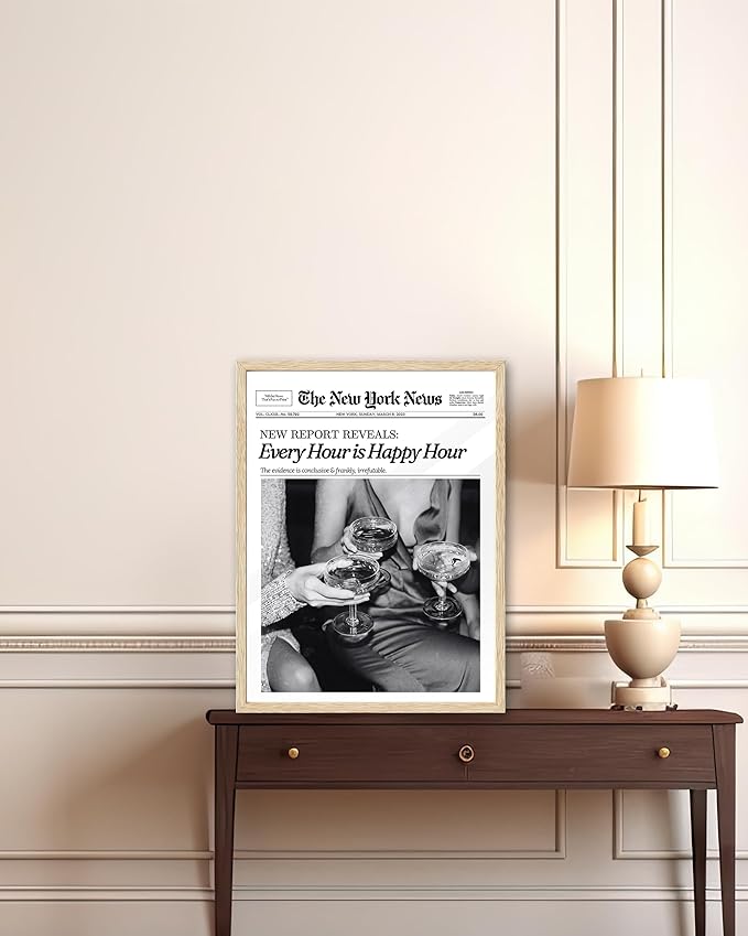 iHery Every Hour is Happy Hour Framed Trendy NewsPaper Wall Art, Natural OAK Wood 12x16in Canvas Wall Decor For Bedroom, Retro New York News Prints Posters for Girl Dorm Living Room Home 1Pack