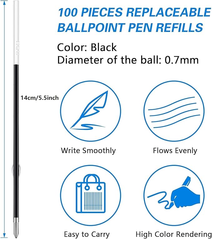 JANYUN 100 Pieces Ink Pen Refills Replaceable, 0.7mm Black Ballpoint Pen Refills 5.5 Inch in Length Black Ink Refills Smooth Writing Pen Refills for Journal Writing Office School Supplies