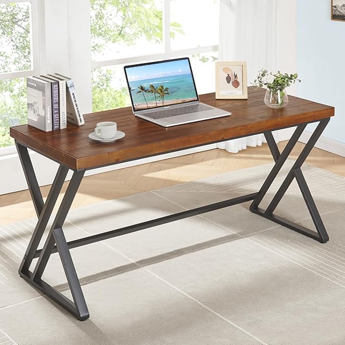 Solid Wood Computer Desk, Modern Real Wood Home Office Desk, Long Rustic Farmhouse Natural Wood Writing Desk, Executive Workstation PC Desk Table for Living Room Bedroom, Brown, 55 inch