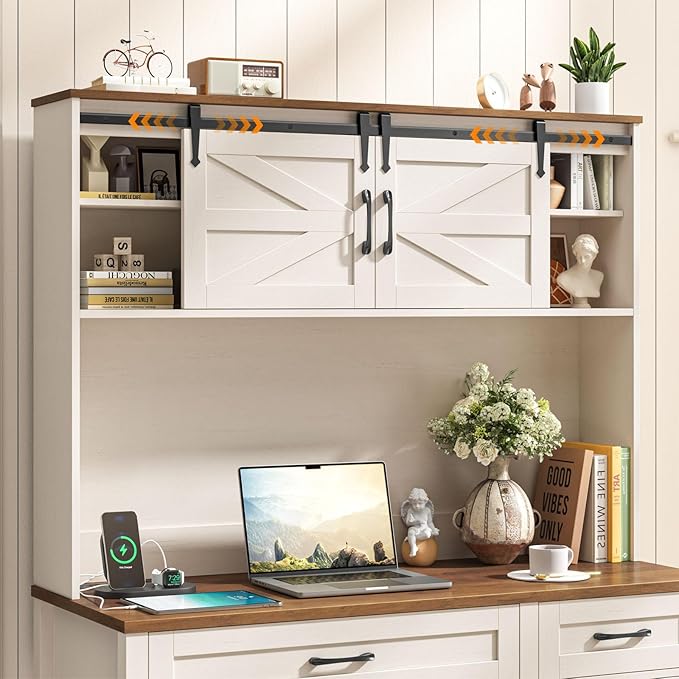 Farmhouse 67" H Executive Desk with Hutch,Computer Desk with Charging Station,Office Table with LED light and 4 Drawers,File Drawers and Storage Cabinet,Workstation for Home Office.Unique White