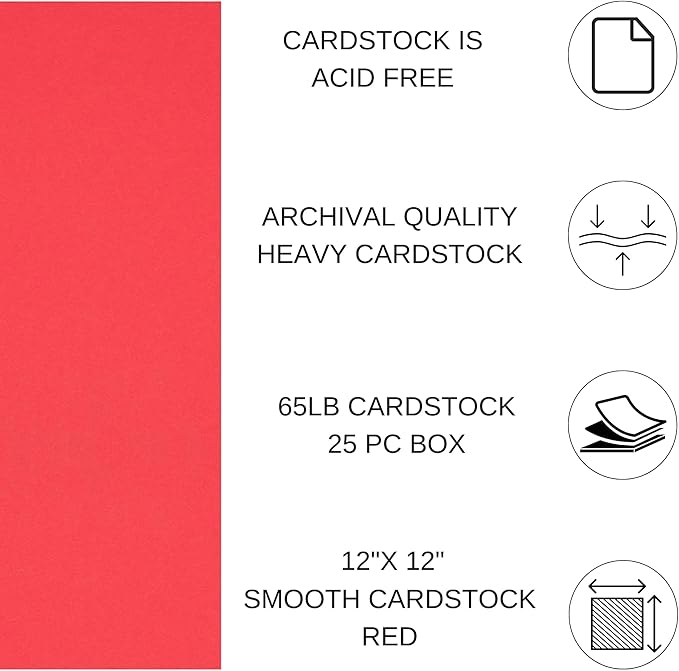 PA Paper Accents Smooth Cardstock 12" x 12" Red, 65lb colored cardstock paper for card making, scrapbooking, printing, quilling and crafts, 25 piece pack
