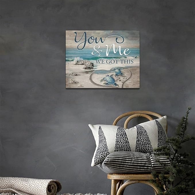 Beach Sea Turtle Bathroom Wall Art Coastal Turtle Love Pictures Wall Decor Ocean Nautical Canvas Seascape Painting Modern Artwork Home Decoration for Living Room Bedroom Office Framed 16"x12"