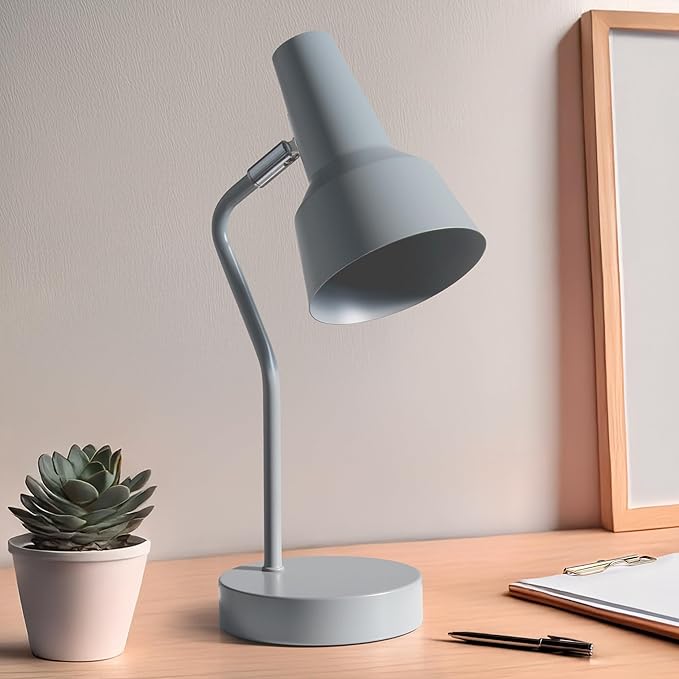 Simple Designs LD1078-GRY 15.2" Sleek Essentials Metal Cone Shade Desk Lamp with Adjustable Shade, for Office, Desk, Nightstand, Dorm, Gray