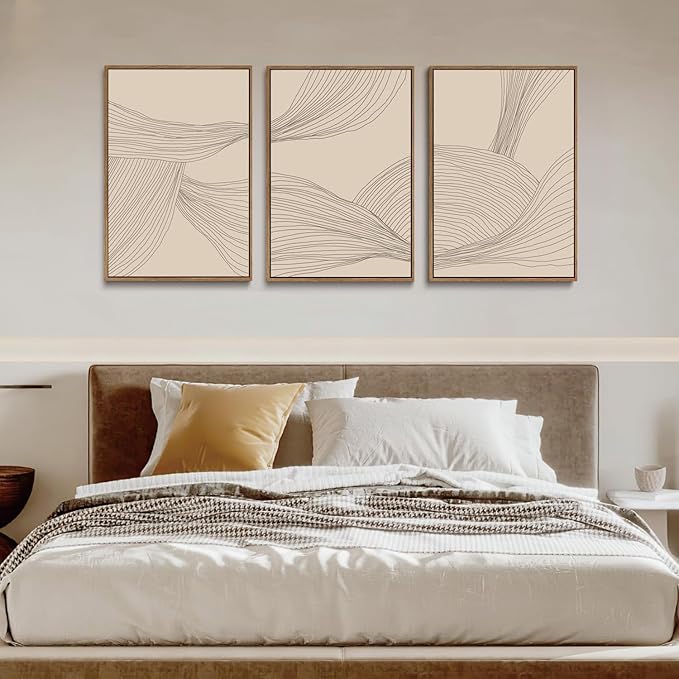 myusuar 3 Piece Large Modern Abstract Canvas Framed Wall Art For Living Room, Beige Minimalist Wall Art Decor Posters Prints For Bedroom Office, 16x24in