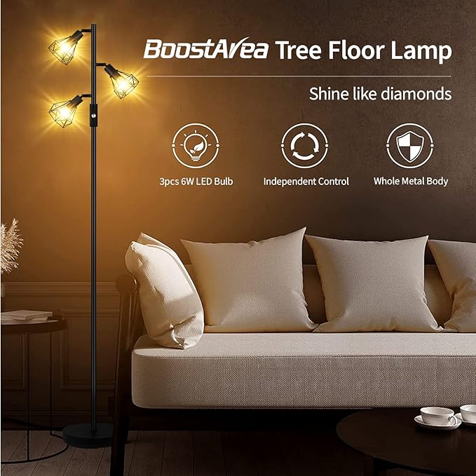 Floor Lamp, Industrial Floor Lamps for Living Room,Tree Standing Lamp Bright with 3 Charm Diamond Head 1200 Lumens Edison Bulbs LED,3 Way Switch,Modern Stand up Lamp for Bedroom Office Farmhouse