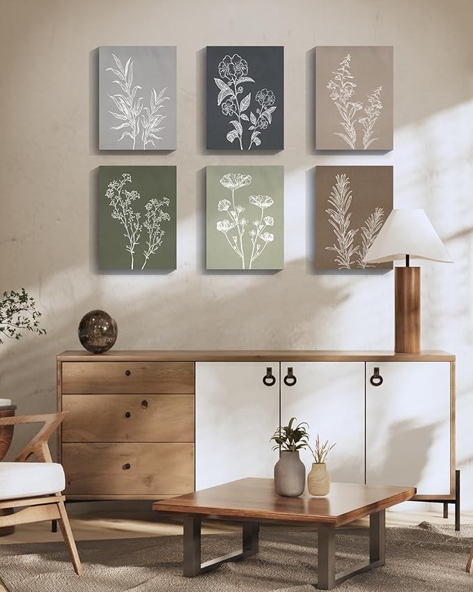 Drsoum Vintage Botanical Wall Art Framed Boho Wall Art Decor Wooded Minimalist Print Modern Rustic Farmhouse Home Kitchen Decor 12x16inx6pcs
