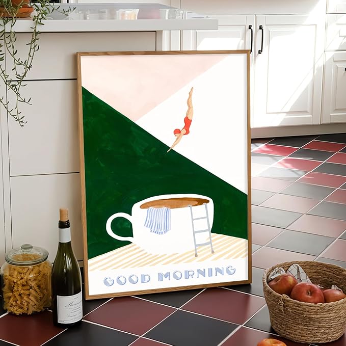 Kitchen Wall Art Bathroom Art Vintage Abstract Kitchen Poster Funny Breakfast Canvas Wall Art Good Morning Dive Drinks Theme Print Poster for Coffee Shop Home Bar Wall Decor 12x16 inch Unframed