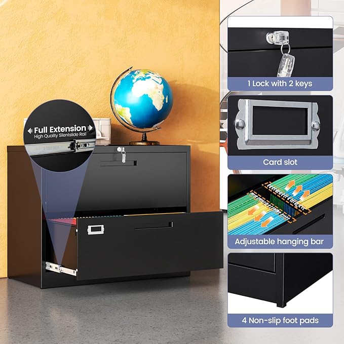 2 Drawer Locking Lateral File Cabinet, Wide&Deep Black Metal Filing Cabinet for Letter/Legal/A4/F4 Files, Includes Card Holder and Hanging Folders for Home Office, School, Business
