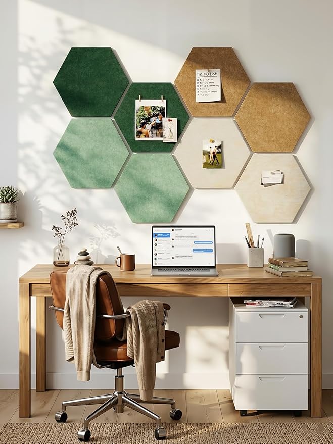 8 Pack Hexagon Felt Bulletin Board Tiles - 11.8" Large Thick Pin Board for Walls with 30 Push Pins, DIY Boards for Office Home School Decor, Aesthetic Hex Cork Board Alternative