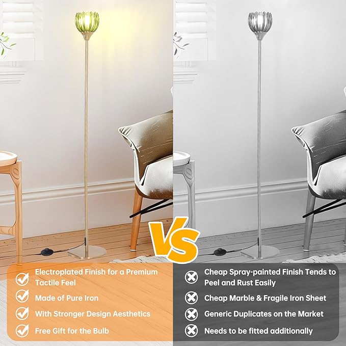 Floor Lamps for Living Room, Bedroom, Gold Standing Lamp with 12W Bulb, Vintage Floor Lamp for Reading, Nursery, Corner (Green Tulip)