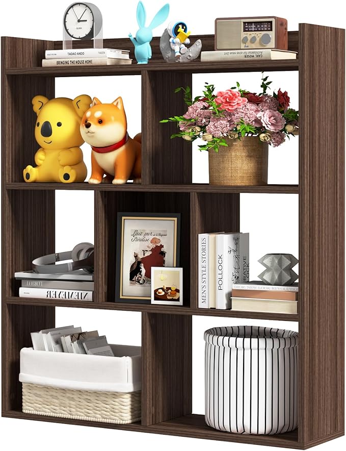 Tangkula 7-Cube Bookshelf, Floor Standing Open-Back Bookcase with Anti-Toppling Devices, Wooden Geometric Bookshelf, 4-Tier Storage Display Shelf for Living Room, Study, Office (1, Walnut)
