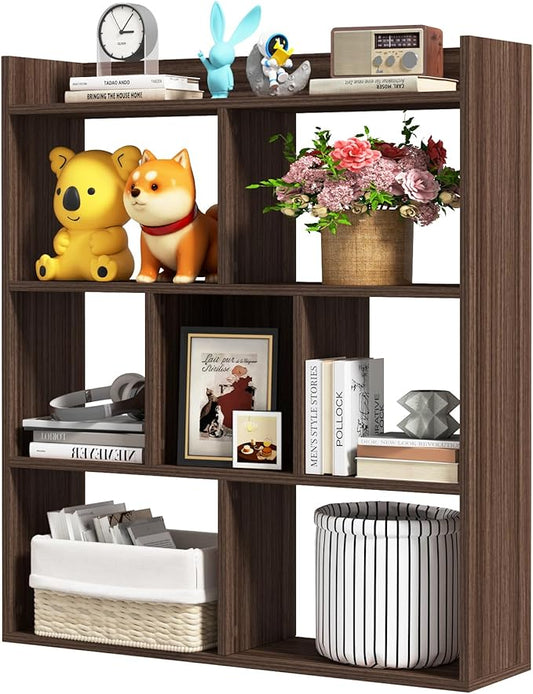 Tangkula 7-Cube Bookshelf, Floor Standing Open-Back Bookcase with Anti-Toppling Devices, Wooden Geometric Bookshelf, 4-Tier Storage Display Shelf for Living Room, Study, Office (1, Walnut)