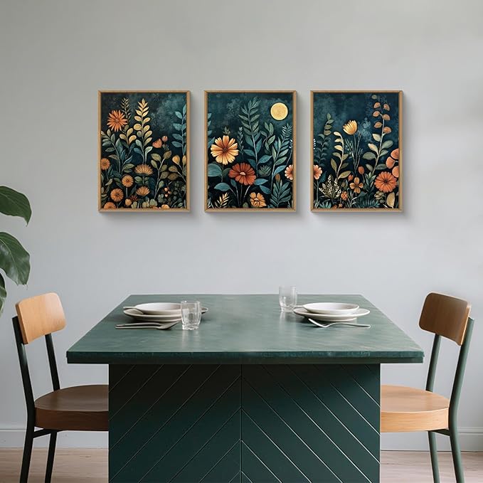 Vintage Botanical Framed Canvas Wall Art Set, Dark Floral Wall Decor, Nature Wildflower Wall Painting, Colorful Blossom Art Prints for Living Room, Bedroom, Office - 12"X16"X3