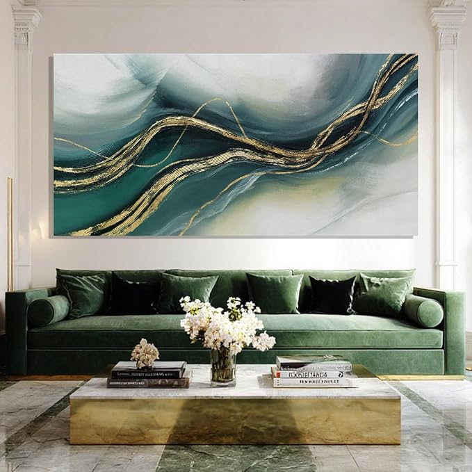 ZENPEE Gold and Green Modern Wall Art, Simple Abstract Canvas Prints, Wall Hangings & Posters for Living Room, Office & Hallway, 29" x 58"