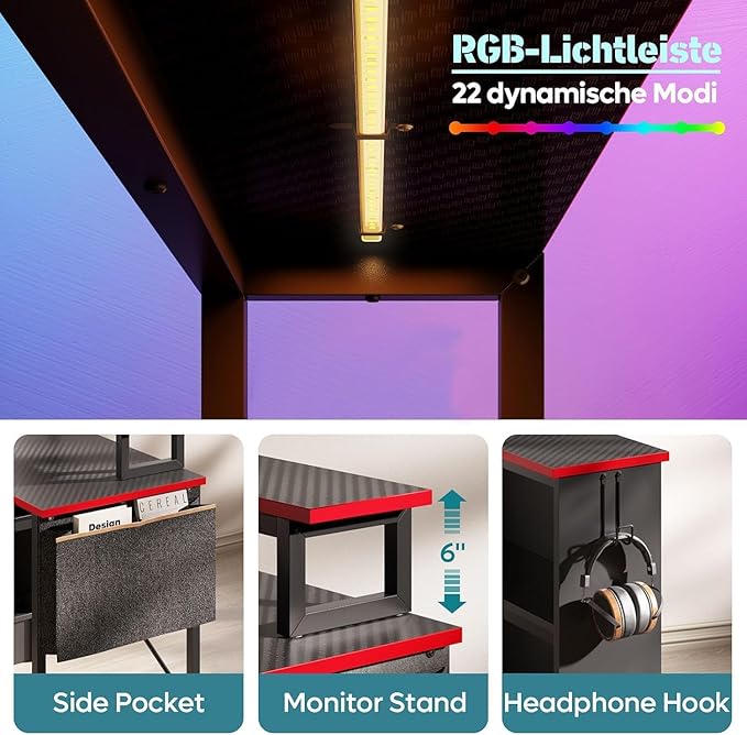 Bestier L Shaped Gaming Desk with Storage Shelves, 42 Inch Reversible Corner Computer Desk with LED Lights, PC Gaming Table with Side Storage Bag & Monitor Stand for Bedroom