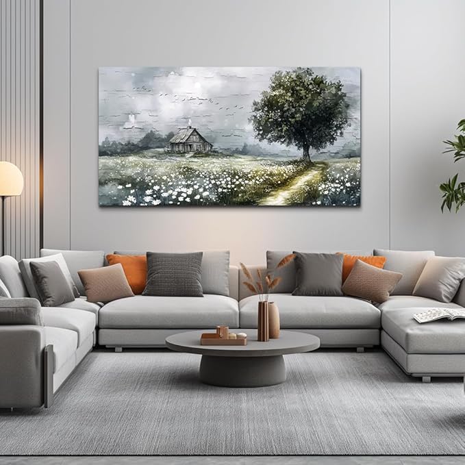 ERQINHUA Gray Large Canvas Wall Art For Living Room Farmhouse Wall Decor For Bedroom Office Mural Field scenery Paintings Tree Landscape Printed Artwork Wall Pictures Home Decorations art 24"X48"