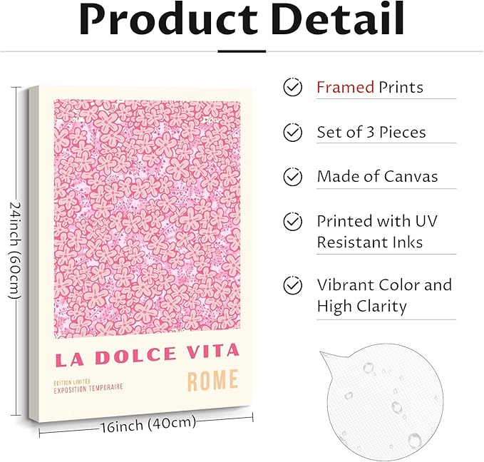 Pink Flower Market Wall Art Decor Aesthetic Abstract Canvas Floral Minimalist Wall Art Pictures Orange Floral Prints Artwork Botanical Flower Poster Colorful Painting 16x24 Inch Framed Set of 3