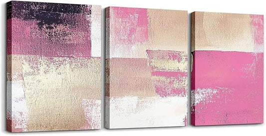 jejeloiu 12"x16"x3pcs Abstract Oil Painting Office Decorations Artwork Posters Abstract Art 3 Piece Canvas Wall Art for Living Room Bedroom Pink Modern Picture Wall Decor