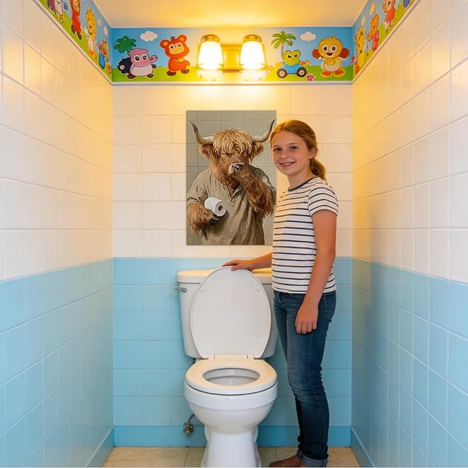 Funny Highland Cow Bathroom Decor Cow Holding Nose Bathroom Canvas Wall Art Posters Pictures with Wooden Frame, Lightweight Humorous Animals Wall Art Painting for Home Toilet Decor, 28x40 Inches