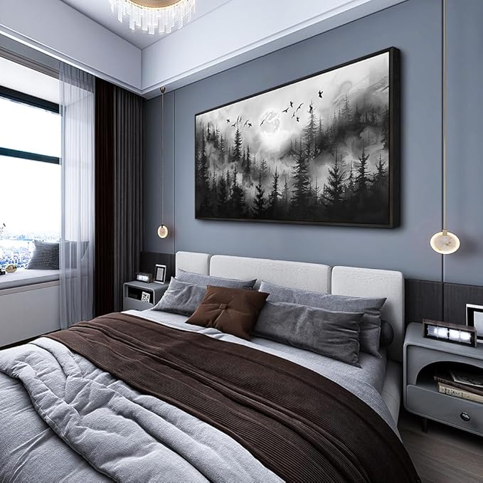 hyidecorart Forest Tree Painting for Living Room Landscape Wall Art Canvas Prints Natural Scenery Black and White Pictures Home Decor Bedroom Kitchen Office Large Wall Decor Black Framed Artwork