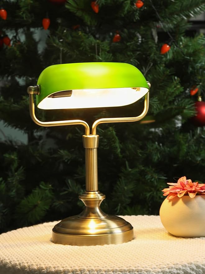 Vintage Banker Lamp, Green Glass, Touch Control, 3-Way Dimmable, LED 6W, Brass Finish (Antique Brass+Green+Touch)