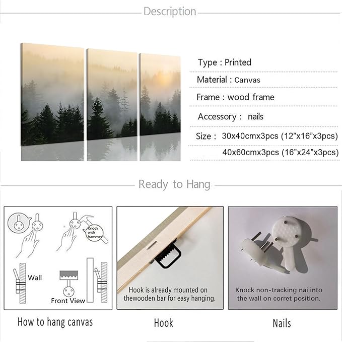 Bwodke Canvas Wall Art Mountain Framed Wall Art Set of 3 Nature Landscape Picture Decor Forest Prints Artwork Painting for Living Room Bedroom Office 12"x16"