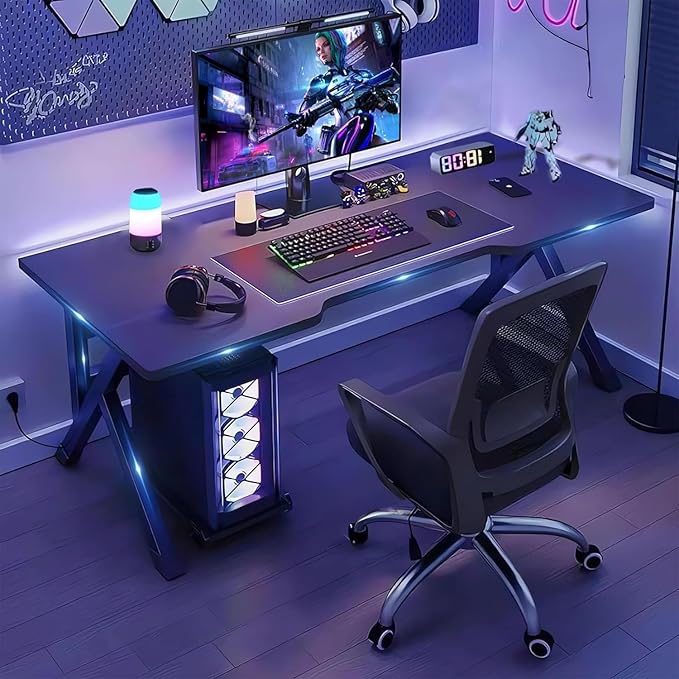 Large Gaming Desk, K-Shaped PC Gaming Table for Home Office, Ergonomic Computer Desk, Space-Saving, Easy Assembly(Black 48 Inch)