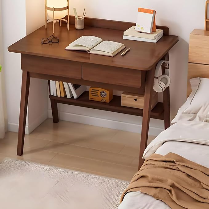 Home Office Writing Desk with Drawers, Modern Wood Table with Storage Shelves & Hooks, Computer Workstation Study Desk Writing Table Simple Zero Assembly Without Chair(31.5inch/80cm, Walnut)