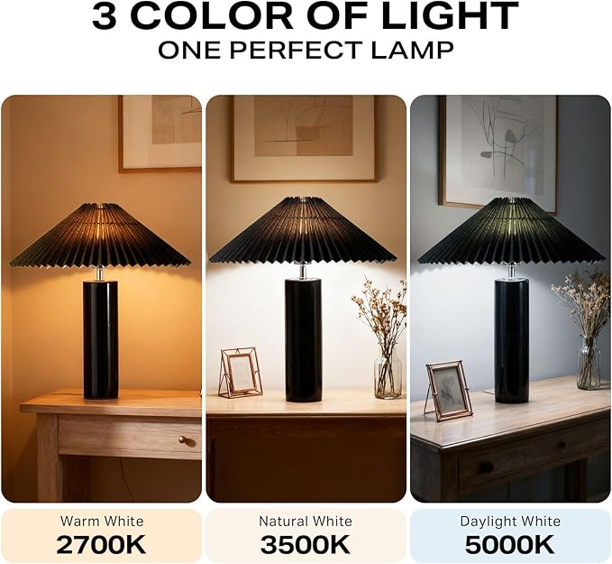Ceramic Table Lamps for Bedroom Set of 2, Adjustable Shade Lamps for Night Stands, Modern Cylindrical Nightstand Table Lamps 5W E26 for Bedroom Bedside Buffet, Black