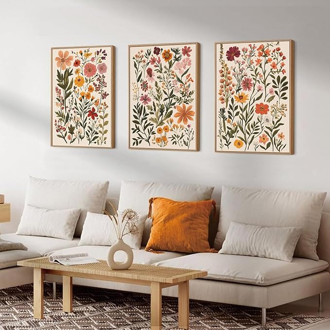 KISSFOX 3 Piece Boho Floral Canvas Wall Art For Bedroom Cottagecore Wild Flower Framed Wall Art Colorful Nature Modern Botanical Art Prints For Nursery Living Room,12x16 in