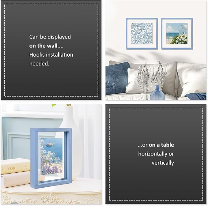 MUYE 12x16 Floating Frame Set of 2,Double Real Glass Photo Frame,Display Any Size Photo up to 12x16,Wall Mount or Tabletop Standing,Blue