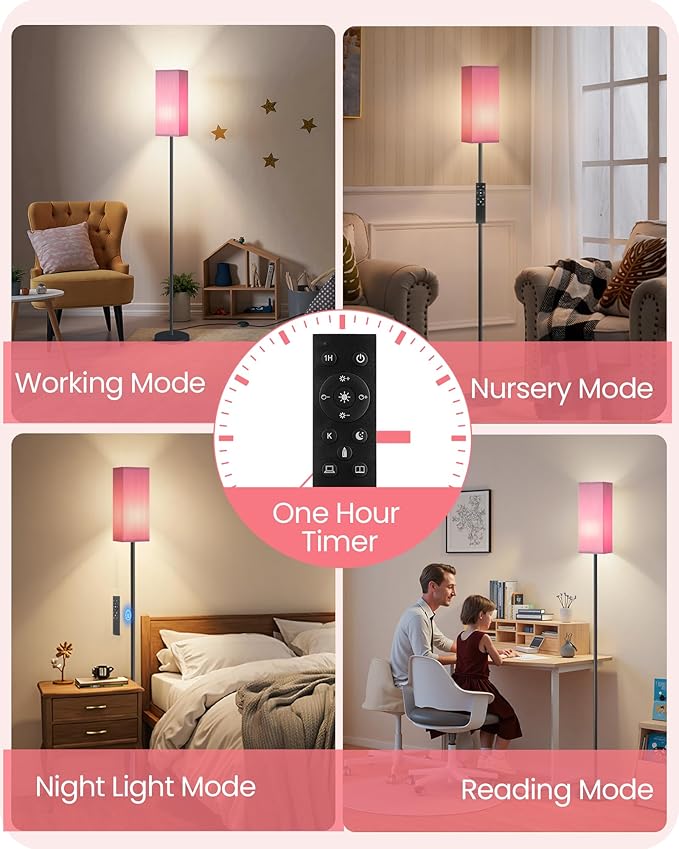 64.2” Dimmable Floor Lamp for Living Room with Remote and Foot Switch, Corner Floor Lamp for Bedroom, Includes 10W A19 Bulb, Modern Standing Tall Lamp, ETL Listed Pink and Black P17LD05