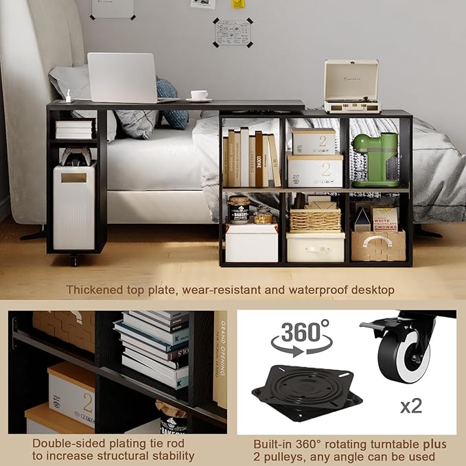 Black L-Shaped Computer Desk with Storage Shelves, Small Study Writing Desk with Charging Station, 67” Bedroom Side Table & 360° Rotating Desk for Living Room