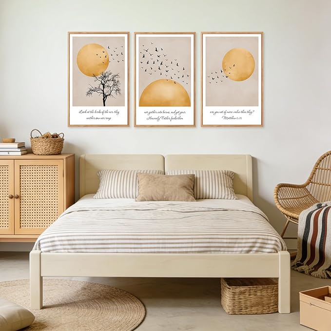 CHDITB Matthew 6:26 Look At The Birds Of The Air Framed Canvas Wall Art(16"x24"), 3 Panels Japandi Bible Verses Scripture Artwork Prints, Large Religious Christian Faith LDS Decor for Home Office Bedroom