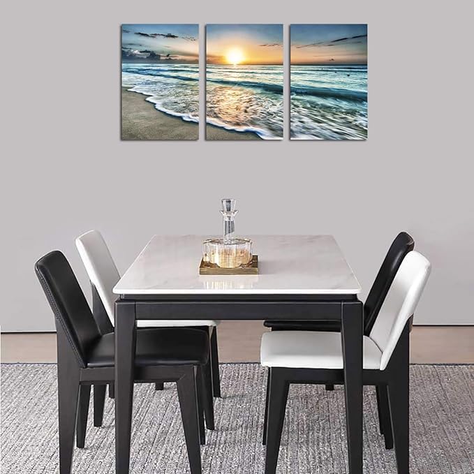 Canvas Wall Art Beach Sunset Ocean Waves Wall Decor 3 Pieces x 16" x 24" Modern Seascape Canvas Artwork Contemporary Nature Pictures Painting Giclee Prints Framed Ready to Hang for Home Decoration