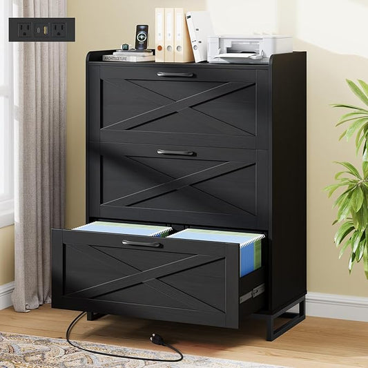 Vabches File Cabinet 3 Drawers Lateral File Cabinet with Charging Station for Letter/Legal/A4 Size Hanging Files, Large Wood File Storage Cabinets Printer Stand for Home Office, Simple Black