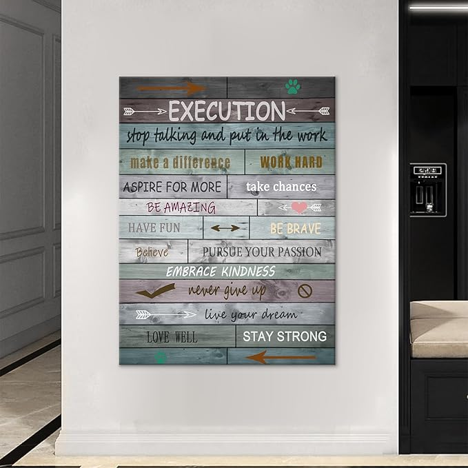 Execution Motivational Wooden Framed Canvas Wall Art Inspirational Entrepreneur Quotes Painting Poster Print Artwork for Living Room Workplace School Wall Picture Ready to Hang [30''Wx 40''H]