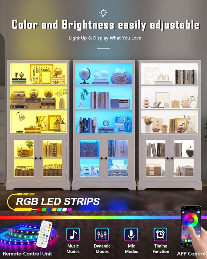 TVU 5-Tier Bookshelf, 65" Bookshelf with Multi-Color Ambient Lights (APP Remote Control), Tall Vertical Display Shelf with Cabinet Doors, Suitable for Living Room, Bedroom, Study, Office, White