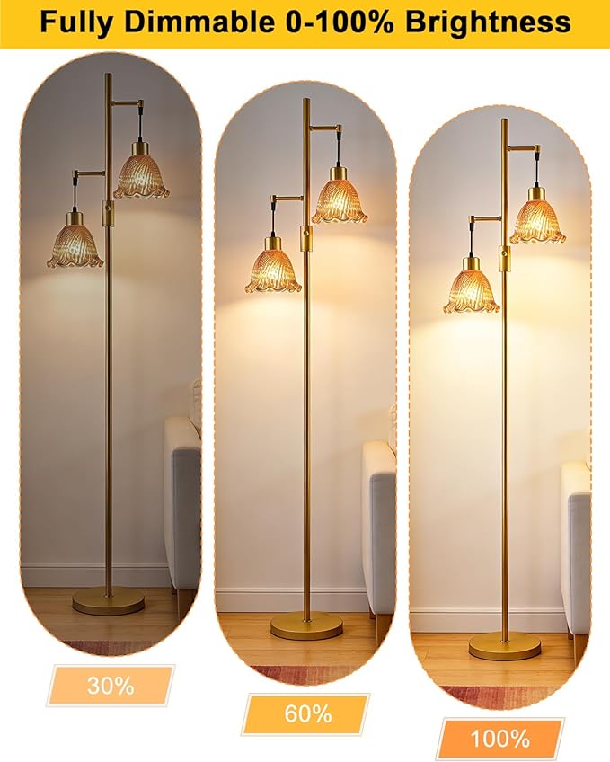 Lightdot 2- Light Gold Flower Floor Lamp for Living Room, 65IN Dimmable Floor Lamps with Rose Red Glass Shade&3000K Warm White Bulbs, Modern Standing Tall Lamp for Bedroom Office