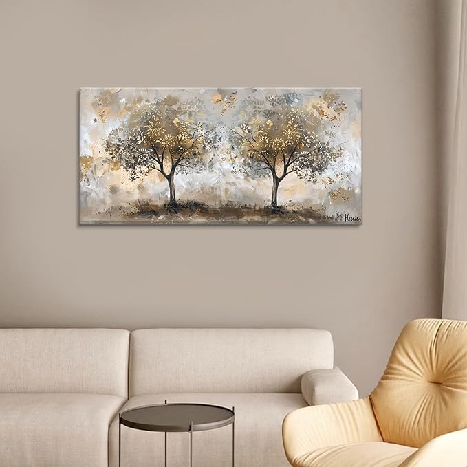 Boswaydeco Landscape Gold Tree Wall Art - Autumn Golden Forest Canvas Painting for Bedroom, Living Room, Office Decor - Gold Brown Picture Print