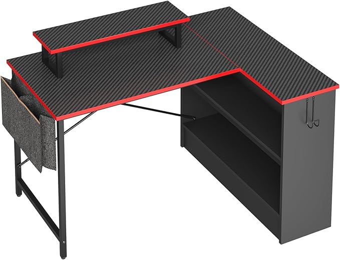 Bestier L Shaped Gaming Desk with Storage Shelves, 42 Inch Reversible Corner Computer Desk with LED Lights, PC Gaming Table with Side Storage Bag & Monitor Stand for Bedroom