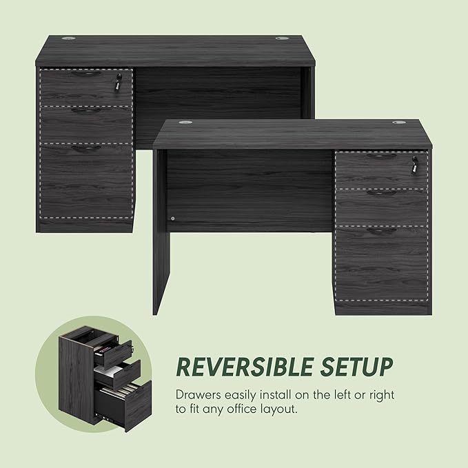 Furinno Roger 47 Inch Executive Desk with File Cabinet, Home Office Desk with 3-Drawer Fixed Pedestal Filing Cabinet, Desk Cord Grommet, for Home Office, Coastal Grey