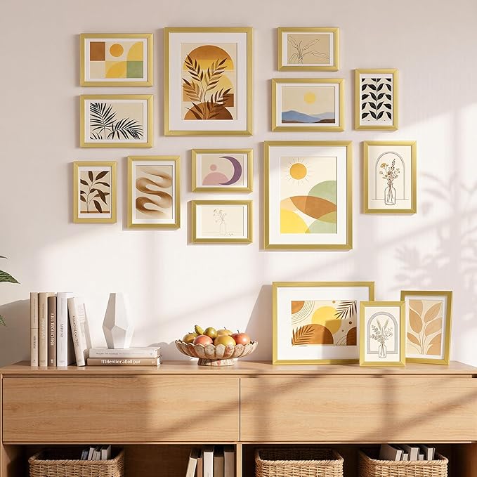 HappyHapi 15 Pack Gold Picture Frames Collage Wall Decor, Gallery Wall Frame Set for Mounting & Tabletop Display, Multi Sizes including 3pcs 8x10, 6pcs 5x7, 6pcs 4x6