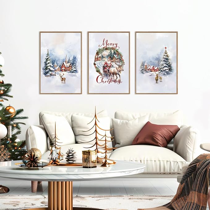HPINUB Christmas Santa Reindeer Framed Canvas Wall Art Set Sleigh Deer Winter Snow Forest Tree Wall Decor Wonderland Art Print for Living Room,Bedroom,Party-16" x24"x3