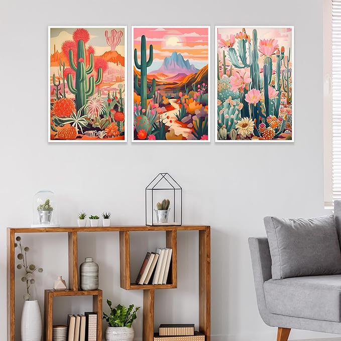 Boho Cactus Wall Art Vintage Pink Orange Plant Floral Wall decoration pictures Colorful Southwestern Rustic Painting Desert Landscape Poster Prints for Living Room Bathroom Bedroom(16x24in UNFRAMED)