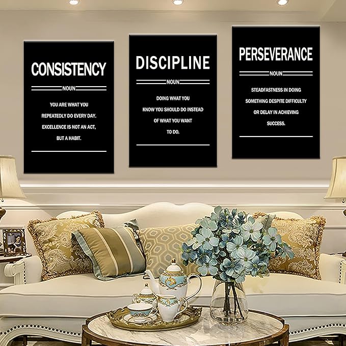 Inspirational Canvas Wall Art Office Poster Perseverance Discipline Consistency 3 Pieces Motivational Quotes Pictures Wall Decor Artwork for Living Room Gym School Ready to Hang [72''W x 36''H]