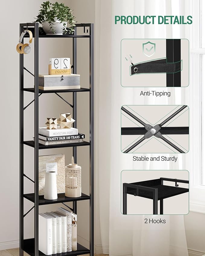 Bookshelf, Book Shelf, Industrial Bookcase with 2 Hooks, Coner Shelf Storage Organizer for Home Office, Living Room, Bedroom, Kitchen, 5-Tier Black BC10504B