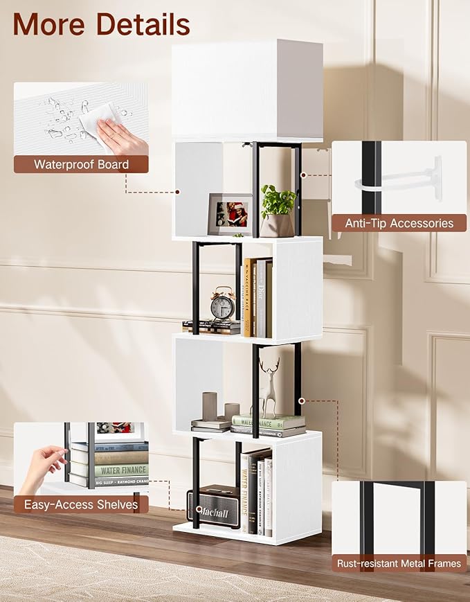 5-Tier Floor Lamp with Shelves & Remote, Dimmable S-Shaped Bookshelf with 3 Color Temperature, 1-Hour Timer, Tall Corner Standing Lamp for Living Room, Bedroom, Office(Black White)